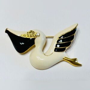 Vintage brooch, stork. Rhinestone eye, white & black enamel, gold accents. MINT